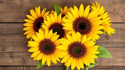 Obraz premium Sunflowers arranged on a rustic wooden surface with warm natural lighting.