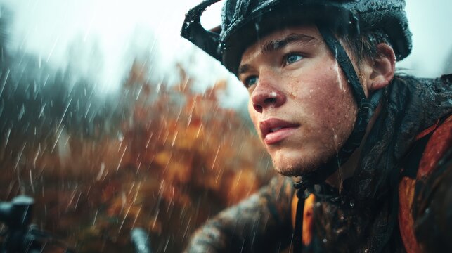 A determined young cyclist faces pouring rain, embodying resilience and spirit as he rides through a stormy landscape, showcasing the beauty of perseverance.