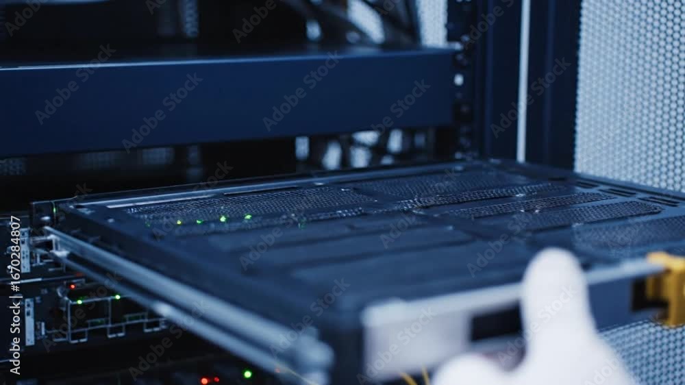 Poster technician installing server hardware with blue sleeves and white gloves in data center