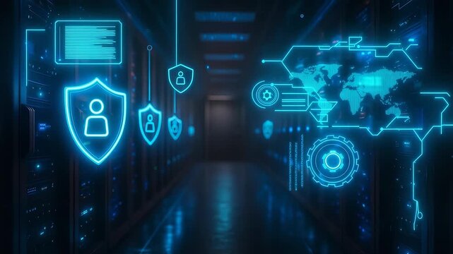 A data center with digital security shields, world map, and tech icons illustrating data protection, global connectivity, and cybersecurity. - Powered by Adobe