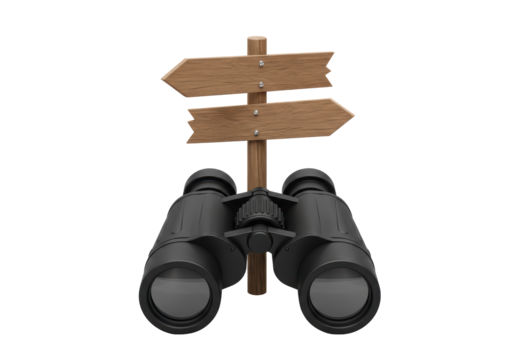 Isolated Binoculars and Directional Sign Travel Concept, a Signpost Pointing Opposite Ways