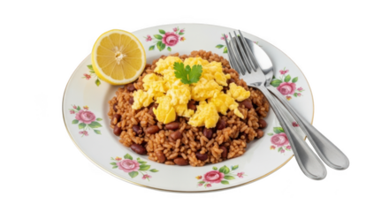 Delicious hearty brunch dish with scrambled eggs and fruit garnish