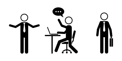 Business stickman icon set in black silhouette showing office activities. Includes businessman standing, working at laptop, talking, and holding briefcase for corporate, office, or workplace concepts.