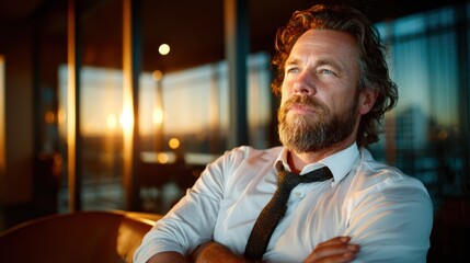 An introspective portrait of a man looking thoughtfully towards the sunset through a glass window, encapsulating moments of reflection and personal insight against a vibrant backdrop.