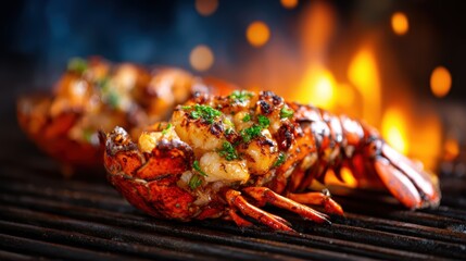 An appetizing image of grilled lobster on a barbecue grill, showcasing culinary mastery and vibrant flavors, emphasizing the rich textures and colors of gourmet seafood.