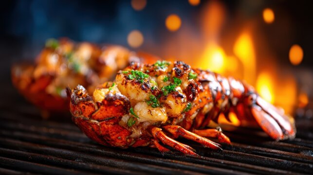 An appetizing image of grilled lobster on a barbecue grill, showcasing culinary mastery and vibrant flavors, emphasizing the rich textures and colors of gourmet seafood.
