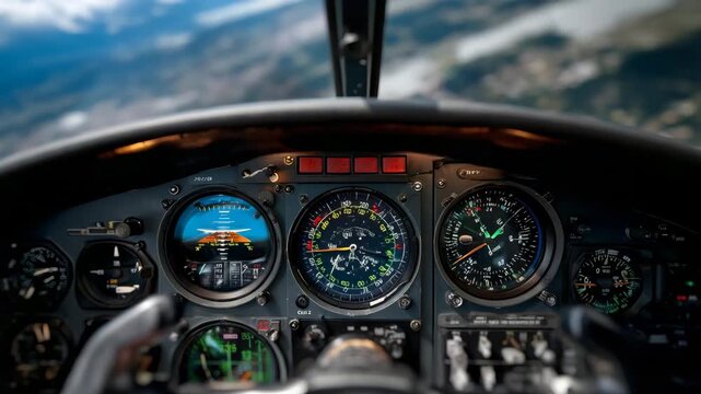Cockpit view of an airplane flying at high altitude with instrument gauges and sky background
