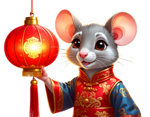 Chinese Zodiac Rat with Traditional Red Lantern, isolated transparent background png