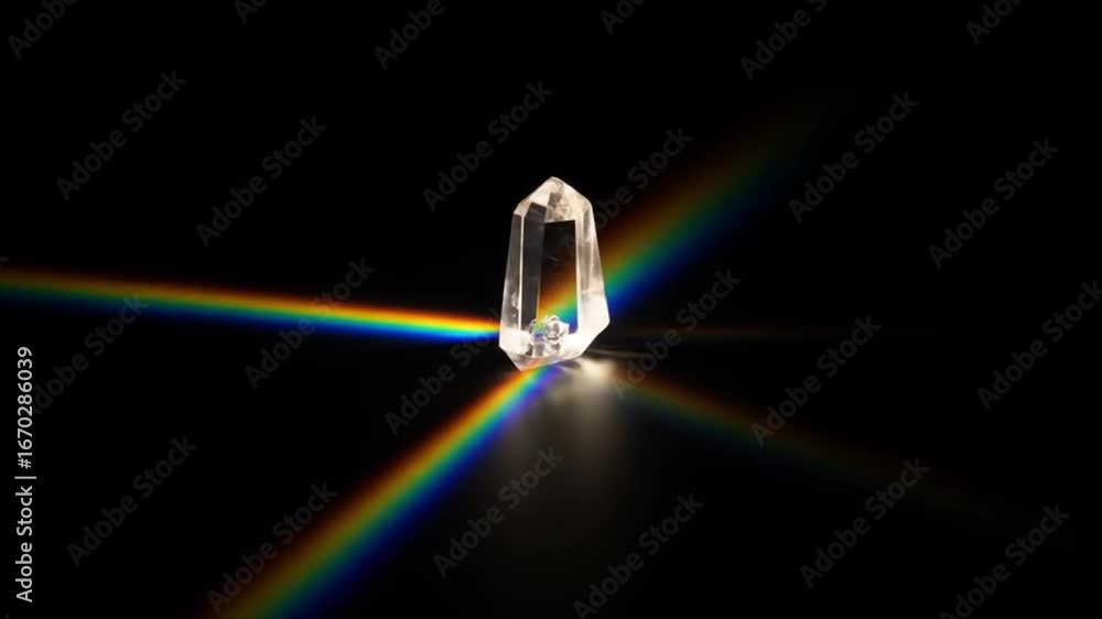 Poster crystal prism refracts light into vibrant rainbow spectrum creating dazzling optical effect on black