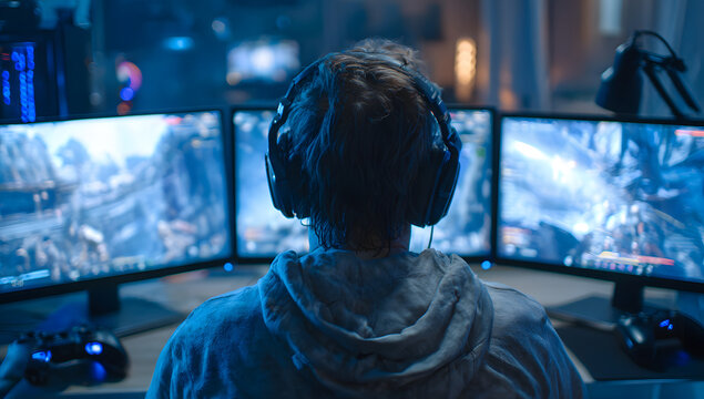 Gamer immersed in action game on triple monitor setup