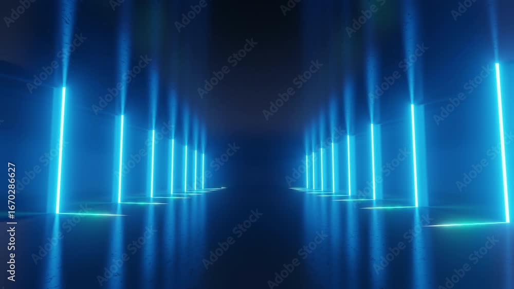 Poster abstract neon background, looped 3d animation, neon tunnel with rotating square frames. modern color