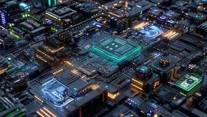 3D Render of Digital Circuit Board with Glowing Neon Elements, Futuristic AI Electronic System Design on Dark Background