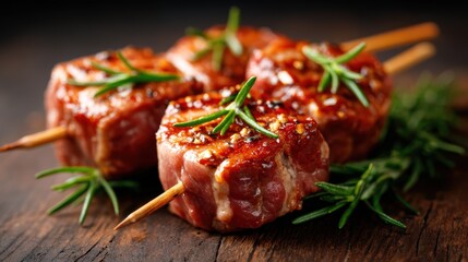 Savory marinated meat skewers sit invitingly on a wooden surface, enticing with rich flavors and the promise of a delicious meal, perfect for gatherings and social occasions.