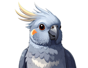 Grey Cockatiel Talking with Multiple Mini Speech Bubbles, Minimalist Icon Style, Isolated Transparent Background PNG