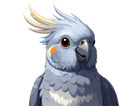Grey Cockatiel Talking with Multiple Mini Speech Bubbles, Minimalist Icon Style, Isolated Transparent Background PNG