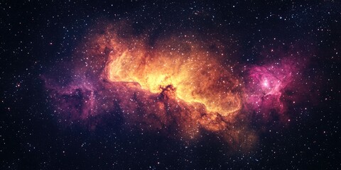 Vivid galactic nebula bursting with magenta and gold against a starlit black sky