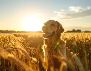 Golden Retriever in a golden field at sunset