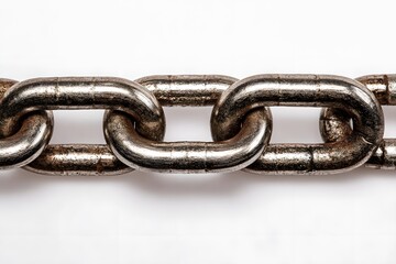 Obraz premium Close-up of a metallic chain link showcasing its texture and shine against a white background