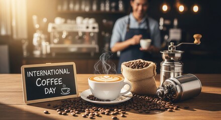 International Coffee Day Celebration with Hot Coffee Cup and Beans