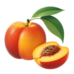 Delicious fresh peaches with a cut piece and vibrant green leaves isolated on white background