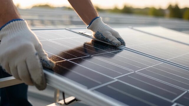 Professional solar panel installer with worn work gloves making precise adjustments to secure renewable energy equipment on rooftop