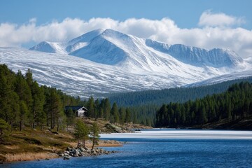 snow-capped mountains with dense pine forests and crystal-clear lakes at their base