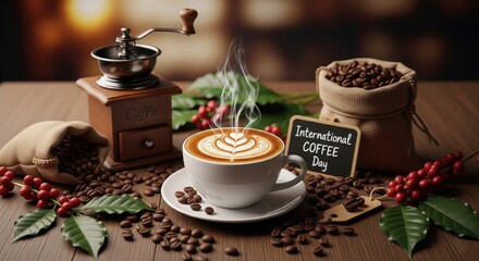 International Coffee Day Celebration with Hot Coffee Cup and Beans