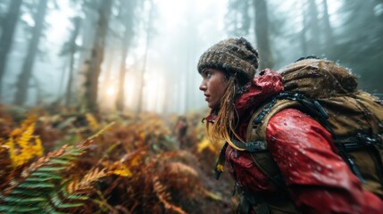 A determined female hiker braves a misty forest trail, clad in outdoor gear, reflecting the spirit of adventure and resilience against nature's elements in a captivating environment.