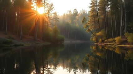 Obraz premium Peaceful forest landscape reflected in still water, capturing golden sunlight through trees.