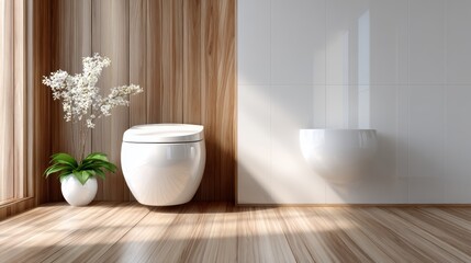 A chic and modern bathroom layout featuring sleek white fixtures, wooden elements, and a minimalist design that exudes luxury and sophistication in an elegant way.