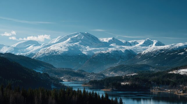 snow-capped mountains with dense pine forests and crystal-clear lakes at their base - Powered by Adobe