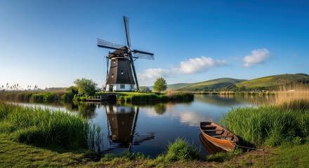 Fototapeta premium Dutch windmill by a tranquil lake, idyllic landscape