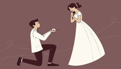 Couple enjoying romantic engagement moment, with man kneeling and presenting ring to smiling woman, dressed in beautiful gown against maroon background in a huge crowd]