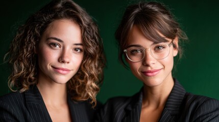 A friendly portrait of two young women in stylish business outfits, showcasing unity and professionalism in a vibrant green background, perfect representation of modern corporate culture.