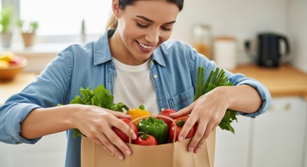 A smiling woman in a denim shirt unloads a grocery bag of fresh, colorful produce like bell peppers and tomatoes in her kitchen.