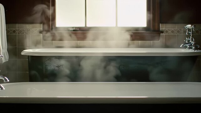 Steaming bathtubs in a bright bathroom with tiled walls and a window