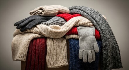 A donation box is overflowing with a pile of warm winter knitted scarves and gloves, ready for a charity clothing drive.