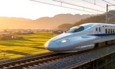 Fototapeta premium Fast train glides over rice paddies at sunrise