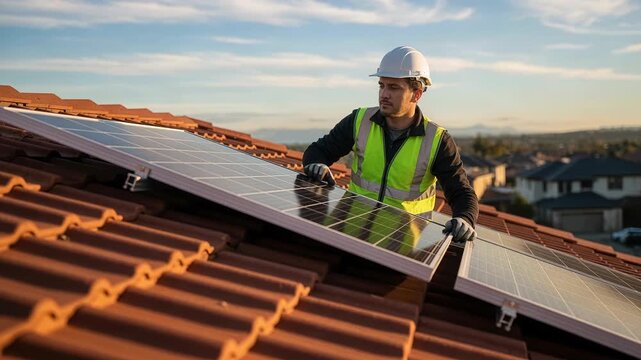 Professional worker making careful adjustments to solar panel installation ensuring proper alignment and secure positioning on renewable energy system