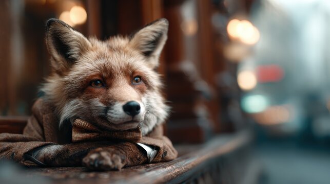 A charming fox, dressed in an elegant suit and bow tie, sits patiently in an urban backdrop, capturing a whimsical blend of sophistication and nature's charm.