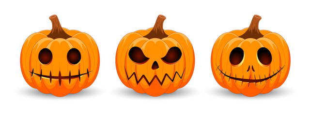 Set carved Halloween pumpkins with different scary faces isolated on white background. The main symbol of the Happy Halloween holiday. Vector illustration.