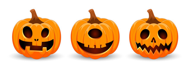 Set carved Halloween pumpkins with different scary faces isolated on white background. The main symbol of the Happy Halloween holiday. Vector illustration.