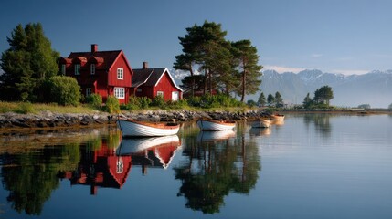 Obraz premium traditional Norwegian wooden boats moored along a calm fjord, alongside classic red-painted wooden houses