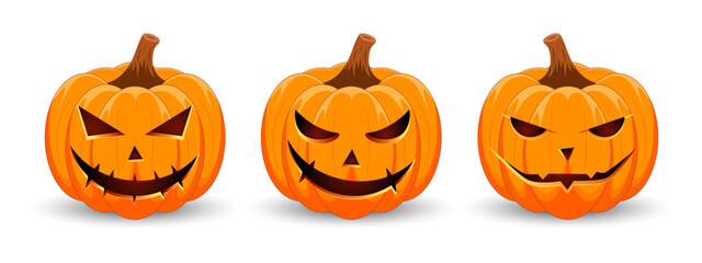 Set carved Halloween pumpkins with different scary faces isolated on white background. The main symbol of the Happy Halloween holiday. Vector illustration.