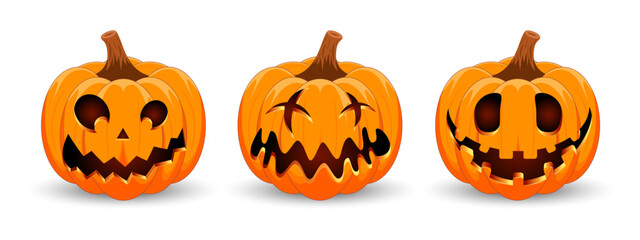 Set carved Halloween pumpkins with different scary faces isolated on white background. The main symbol of the Happy Halloween holiday. Vector illustration.