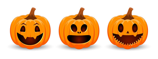 Set carved Halloween pumpkins with different scary faces isolated on white background. The main symbol of the Happy Halloween holiday. Vector illustration.