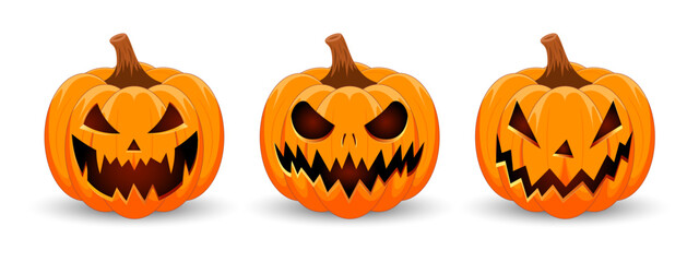 Set carved Halloween pumpkins with different scary faces isolated on white background. The main symbol of the Happy Halloween holiday. Vector illustration.