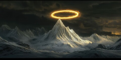 White monolith mountain touched by golden halo in surreal black dreamscape