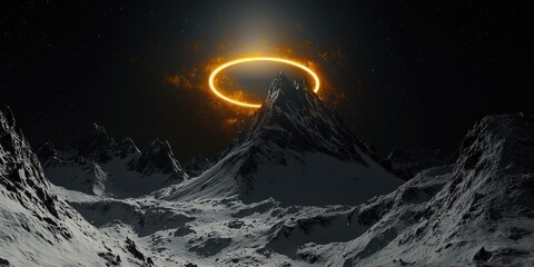 White monolith mountain touched by golden halo in surreal black dreamscape