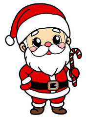 Santa Claus smiles, his cheeks pink, and he stands holding a candy cane.